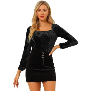 INSPIRE CHIC Women's Velvet Long Sleeve Square Neck Blouse - 1 of 4