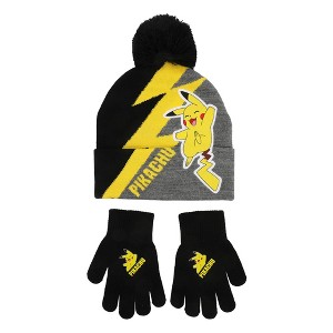 Pokemon Pikachu Thunderbolt Youth 2-Piece Knit Beanie & Gloves Set - 1 of 4