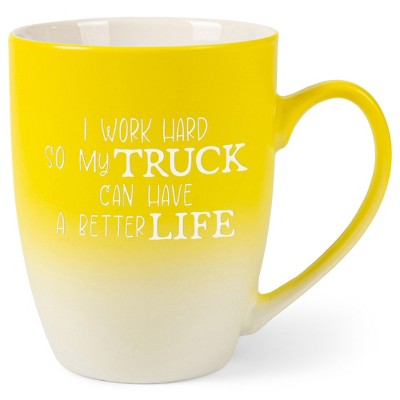 Elanze Designs I Work Hard So My Truck Can Have A Better Life Two Toned Ombre Matte Yellow and White 12 ounce Ceramic Stoneware Coffee Cup Mug
