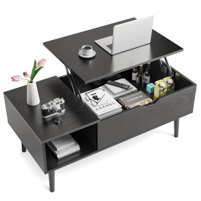 DSVIMOY Lift Top Coffee Table with Adjustable Storage Shelf, Rising Farmhouse Tabletop Desk Table for Living Room, Black, 39.3"*19.6"*16.9"