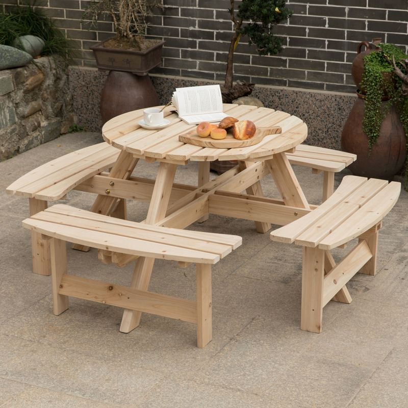Gardenised Wooden Outdoor Patio Garden Round Picnic Table with Bench, 8 Person- Natural, 4 of 12