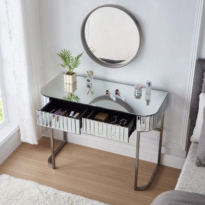 FURNIinspire Vanity Tables Mirrored Makeup Vanity Table With Stainless Steel Base, Mirrored Dressing Table With 2 Drawers, Silver, 39.4"*17.7"*29.3"