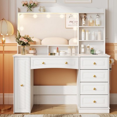 Makeup Vanity Desk with Mirror, Lights & Glass Top