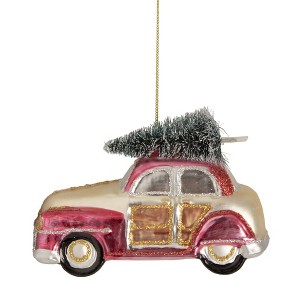 Northlight 5" Red and Gold Glitter Car with Christmas Tree Glass Ornament - 1 of 4