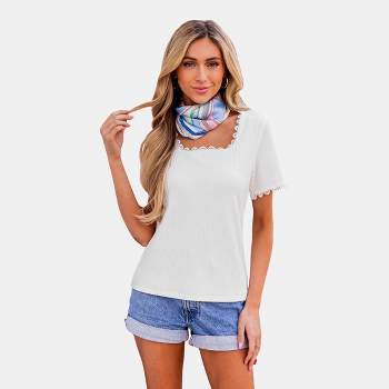 Women's Square Neck Lace Trim Short Sleeve Top - Cupshe