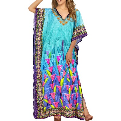 LA LEELA Women's House Daily Routine Evening Wear Maxi Slit Dresses Caftan Dashiki Casual Long Cover up Caftans for Women Plus One Size Blue,Floral