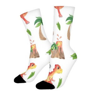 Cute Red And Yellow Dinosaurs Women Printed Crew Socks Funny Funky Socks Soft Polyester Novelty Gifts for Artists Men - 1 of 1