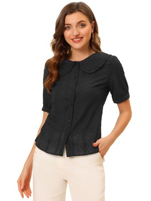 Allegra K Women's Peter Pan Collar Swiss Dots Short Sleeves Button Front Shirt
