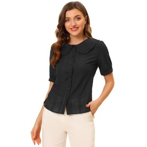 Allegra K Women's Peter Pan Collar Swiss Dots Short Sleeves Button Front Shirt - 1 of 4