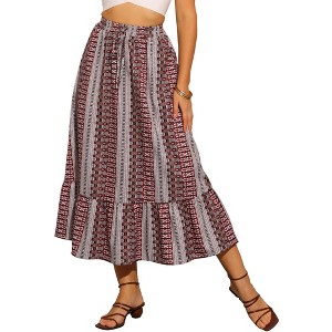 INSPIRE CHIC Women's Summer Boho Elastic High Waist A-Line Spring Printed Midi Skirt - 1 of 4