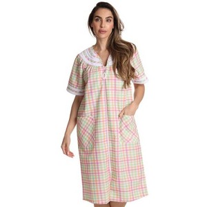 Dreamcrest Womens Short Sleeve Duster, Seersucker Plaid Housecoat/Women Sleepwear Zip Front Nightgown - 1 of 3