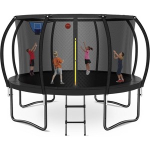 Zevemomo 12FT Trampoline with Safety Net, Ladder & Hoop. ASTM Approved Outdoor Pumpkin Trampoline for Kids & Adults, Black. - 1 of 4