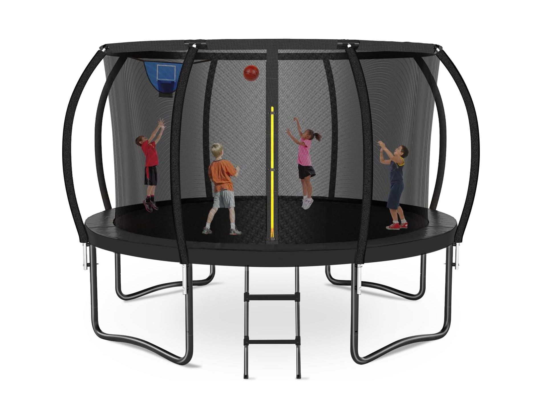 Zevemomo 12FT Trampoline with Safety Net, Ladder & Hoop. ASTM Approved Outdoor Pumpkin Trampoline for Kids & Adults, Black.