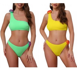 INSPIRE CHIC Women's 3D Rose Floral One Shoulder Ribbed Triangle Bottoms Swimwear Bathing Bikini Suits 2 Sets - 1 of 4