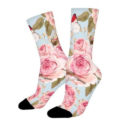 Pink Flowers Cute Butterflies Bird Women Printed Crew Socks Funny Funky Socks Soft Polyester Novelty Gifts for Artists Men