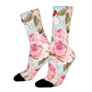 Pink Flowers Cute Butterflies Bird Women Printed Crew Socks Funny Funky Socks Soft Polyester Novelty Gifts for Artists Men - 1 of 1
