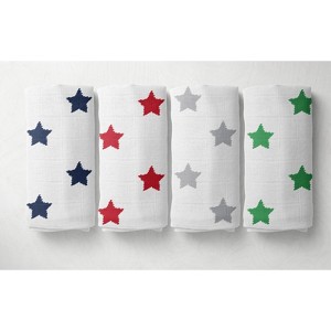 Bacati - Stars Boys Swaddling Muslin Blankets of 4 (Navy,Green, Red,Gray) - 1 of 4