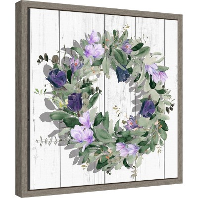 Purple Tulip Wreath Botanical Framed Canvas Print 16 x 16