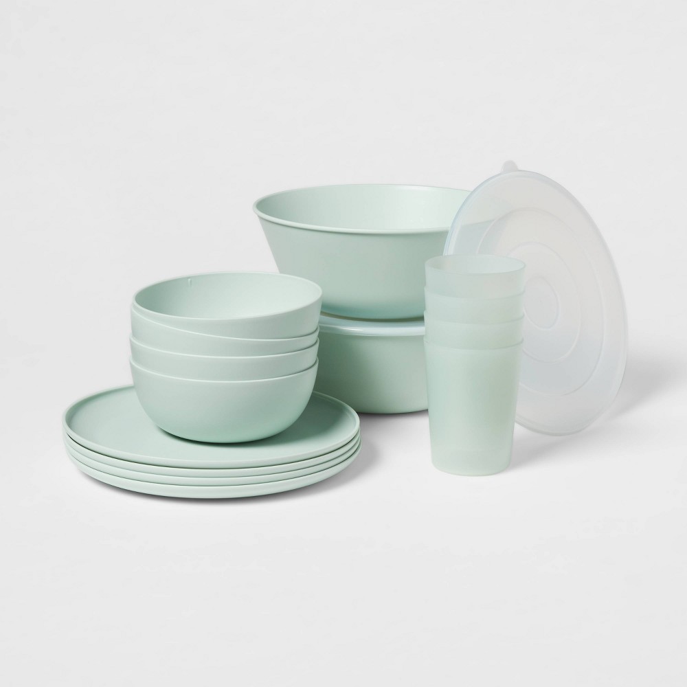 Photos - Other kitchen utensils 16pc Plastic Dishware Set Green - Room Essentials™