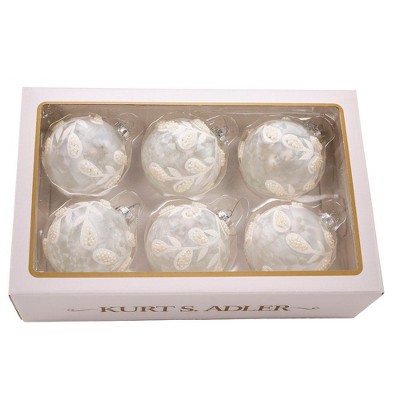 80mm White Pearl Glass Christmas Ball Ornament Set of Six