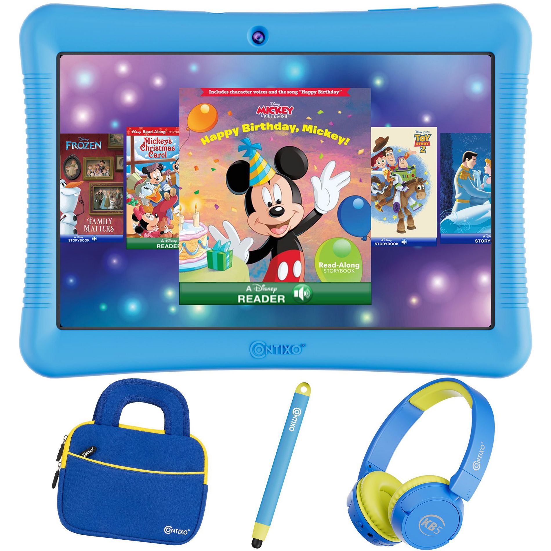 Contixo Kids 10" Tablet Bundle, 32GB, 80 Disney eBooks, Bluetooth Headphones, Case & Stylus - Parental Controls - Blue