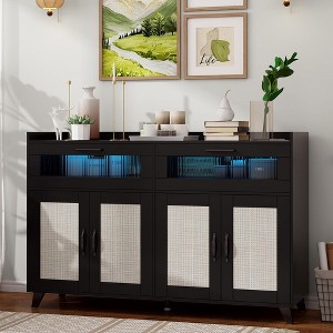 Whizmax Sideboard Buffet Cabinet With Power Outlet & LED Light, Kitchen Storage Cabinet With 2 Fluted Drawers & 4 Rattan Doors,for Kitchen,Dining Room - 1 of 4