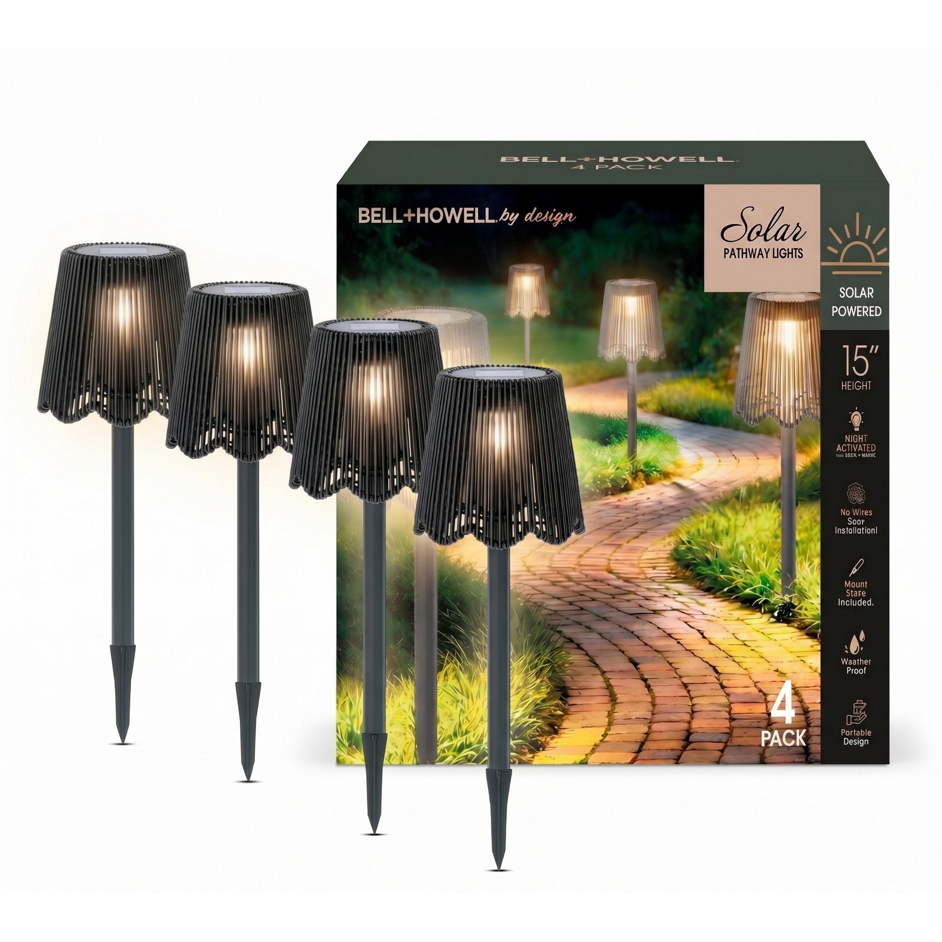 Bell + Howell Wicker 4 Pack Solar Powered Dusk to Dawn LED Pathway Lights for Garden Walkway Patio Yard