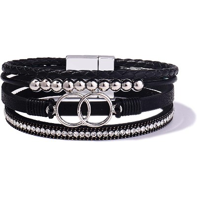 Boho Wrap Bracelet with Infinity Design, Leather Cuff Bangle with Magnetic Clasp, Stackable Jewelry Gift for Mom