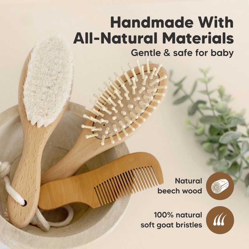 Baby Hair Brush and Comb Set, Oval Wooden Baby Brush Set for Newborns, Infant, Toddler Grooming Kit, 5 of 11