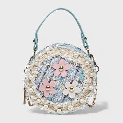 Willow & Ruby Girls Mini Round Tweed Purse with Flower & Pearl Detailing - Stylish Crossbody Handbag for Kids