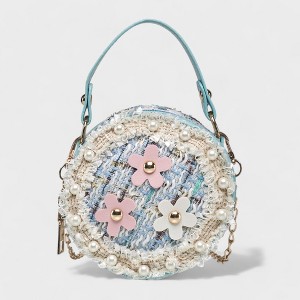 Willow & Ruby Girls Mini Round Tweed Purse with Flower & Pearl Detailing - Stylish Crossbody Handbag for Kids - 1 of 4