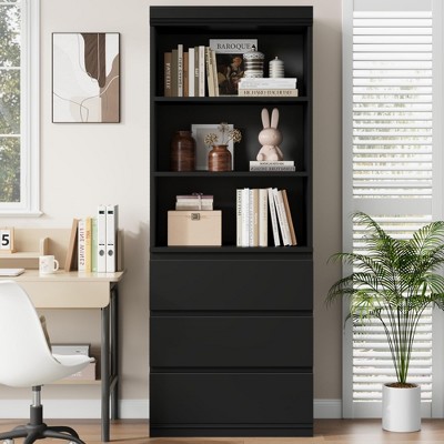 70" Farmhouse Bookcase with Drawers - Wooden Storage Cabinet, Deep Shelves Organizer for Living Room, Office, Study