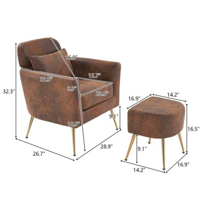 Diagrams showing dimensions of armchair and ottoman with measurements