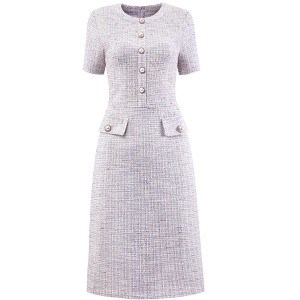 INSPIRE CHIC Women's Crew Neck Short Sleeve Tweed Button Decor Elegant Work Sheath Midi Dress - 1 of 4