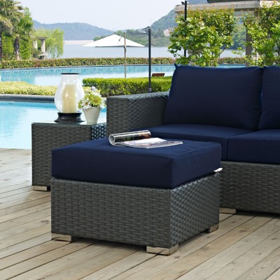 Navy Square Sunbrella Fabric Outdoor Ottoman with Synthetic Rattan