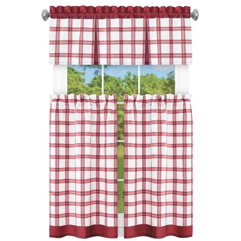 Kate Aurora Complete 3 Piece Country Farmhouse Plaid Gingham Black & White  Buffalo Check Kitchen Curtain Tier & Valance Set - 36 in. Long