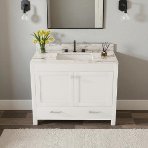 43" Modern Bathroom Vanity with Sintered Stone Carrara Top, Solid Wood Frame, Soft-Close Doors & Drawer Storage ( Three Faucet Hole) - 1 of 4