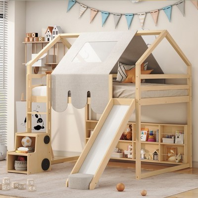 NicBex Full Loft Bed House Shape Wooden Bed Frame with Tent, Storage Compartments, Padded Slide, Ladder and Guardrail, No Box Spring Required