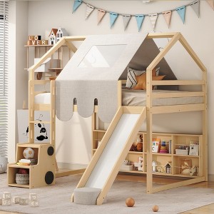NicBex Full Loft Bed House Shape Wooden Bed Frame with Tent, Storage Compartments, Padded Slide, Ladder and Guardrail, No Box Spring Required - 1 of 4
