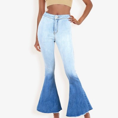 Anna-Kaci Classic Retro High Waist Long Denim Frayed Hem Bell Bottom Jeans
