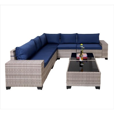 Nertpow Deluxe 7-Piece Outdoor Patio Furniture Set with 2 Talbe, Versatile Patio Conversation Set for Backyard, Light Grey Rattan Blue Cushion