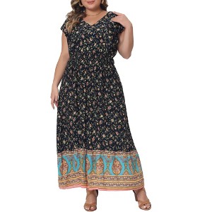 Agnes Orinda Women's Plus Size Floral V Neck Ruffle Sleeve Beach Casual Boho Maxi A Line Dresses - 1 of 4