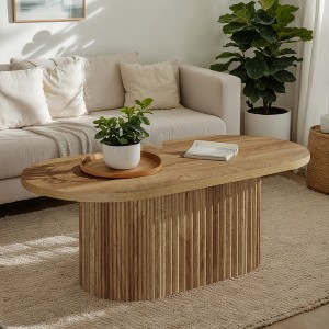 Hommoo 47" Oval Farmhouse Coffee Table – Fluted Wood Centerpiece with Rustic Charm - 1 of 4