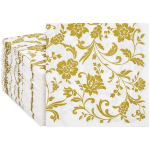 Blue Panda BLUE PANDA 100 Pack White & Gold Disposable Floral Paper Napkins, 6.5x6.5”, Napkins for Wedding, Birthday, Anniversary - 1 of 4