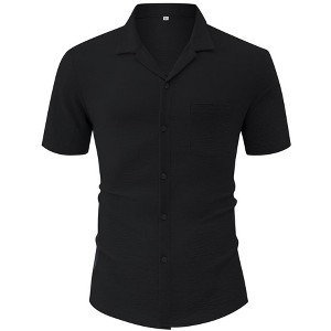 Men's Casual Cuban Shirts Silk Like Short Sleeve Button Down Shirt - 1 of 4