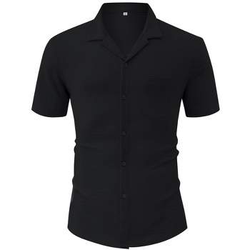 Men's Casual Cuban Shirts Silk Like Short Sleeve Button Down Shirt