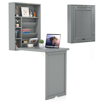 Tangkula Folding Wall-Mounted Desk Convertible Computer Desk Floating Desk Storage Bookcases Adjustable Shelves White/Black
