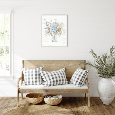Blue Flowers in Glass Vase Canvas Wall Art with White Frame