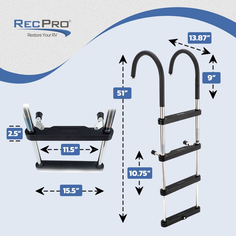 RecPro Compact Stainless Steel Tubing Heavy Duty 4 Step Pontoon Boat Boarding Ladder, Easily Opened and Closed, Includes Slots and Studs, Black, 3 of 7