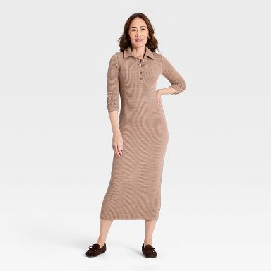 Women's Long Sleeve Midi Polo Dress - Universal Thread™ Brown S